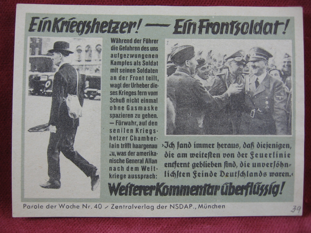   NS-Propagandazettel: Parole der Woche Nr. 40, (1939): Ein Kriegshetzer! - Ein Frontsoldat! 