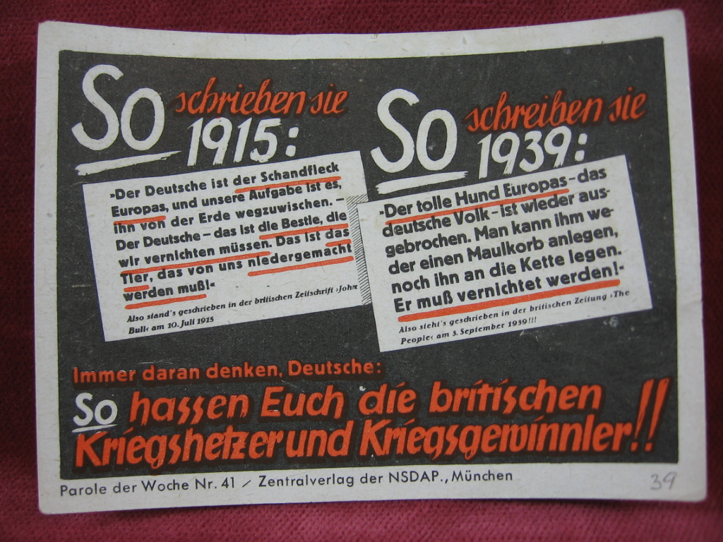   NS-Propagandazettel: Parole der Woche Nr. 41, (1939): So schrieben sie 1915: .. So schreiben sie heute: .. 