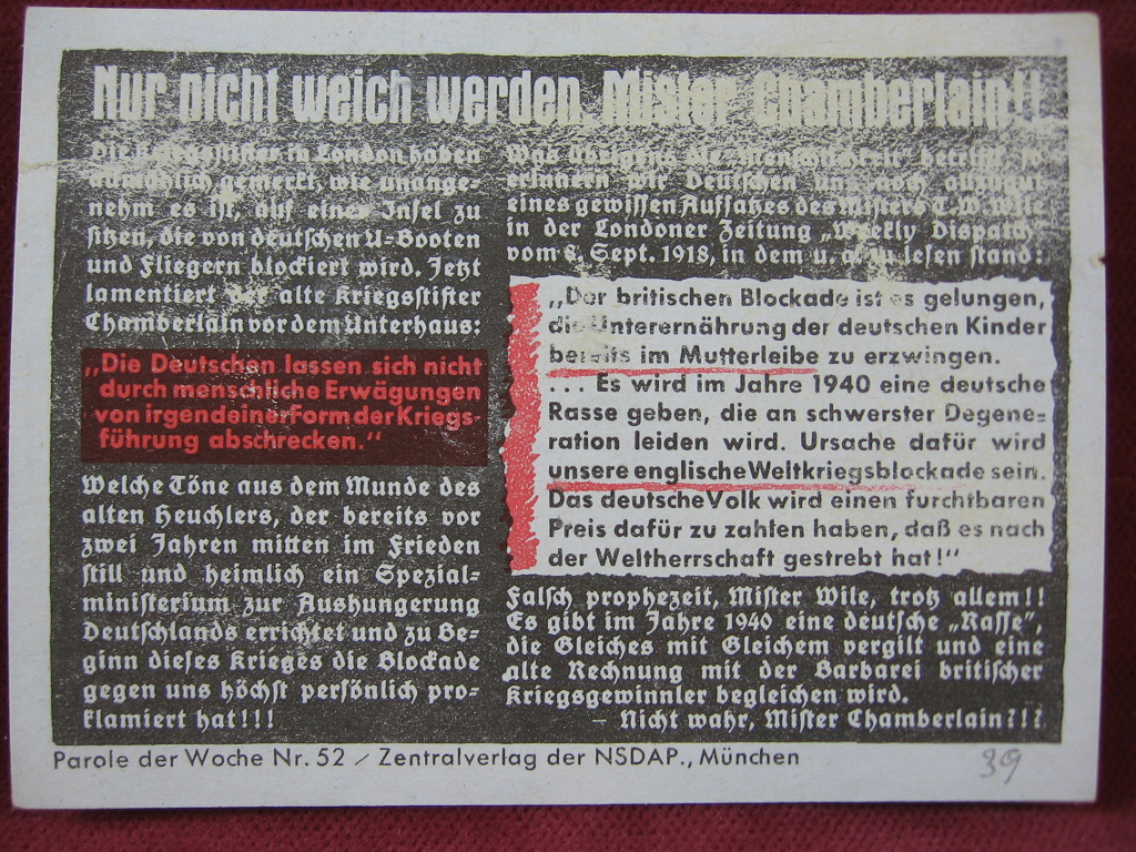   NS-Propagandazettel: Parole der Woche Nr. 52, (1939): Nur nicht weich werden, Mister Chamberlain!! 