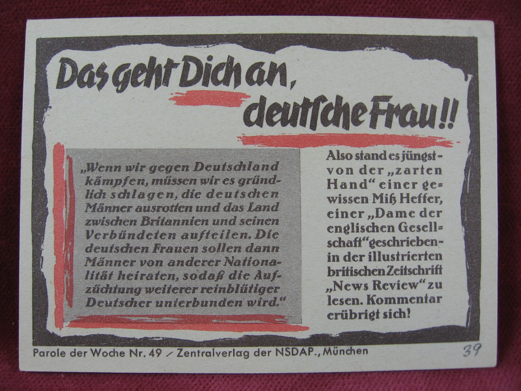   NS-Propagandazettel: Parole der Woche Nr. 49, (1939): Das geht Dich an, deutsche Frau!! 