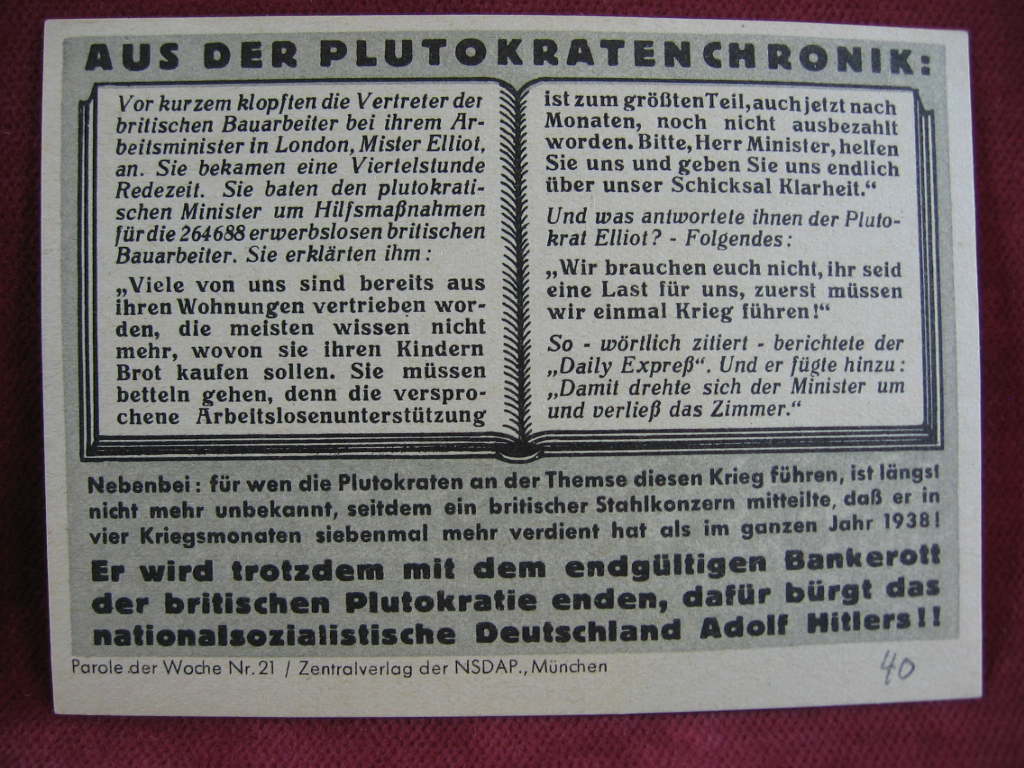   NS-Propagandazettel: Parole der Woche Nr. 21, (1940): Aus der Plutokratenchronik. 