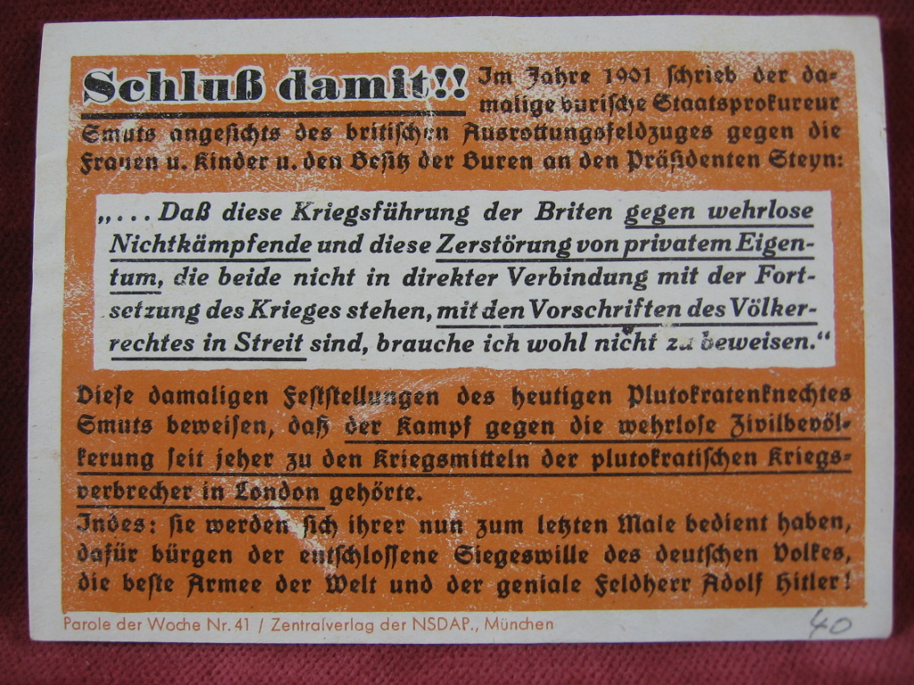   NS-Propagandazettel: Parole der Woche Nr. 41, (1940): Schluß damit! 