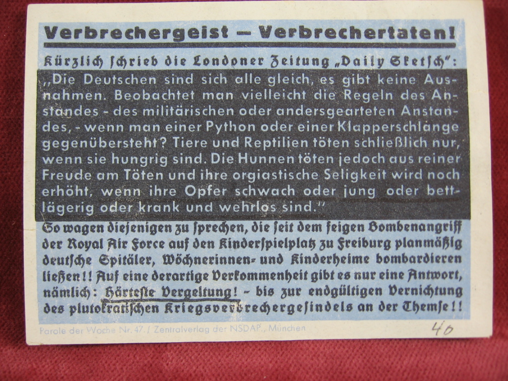   NS-Propagandazettel: Parole der Woche Nr. 47, (1940): Verbrechergeist - Verbrechertaten! 