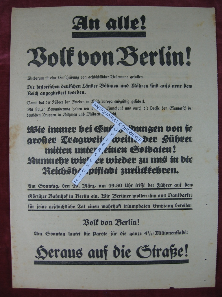 Reichsminister Dr. Goebbels:  Flugblatt / Aushang: An alle! Volk von Berlin! 