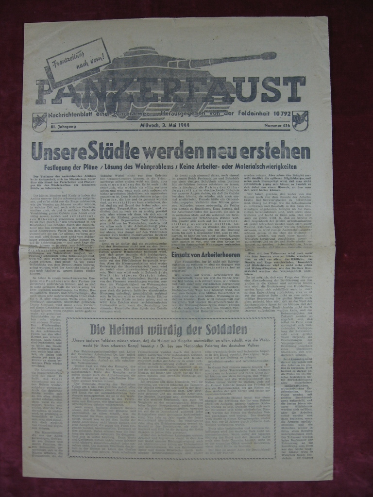 Uffz. Matthias Mayer (Schriftleiter):  Panzerfaust. Frontzeitung nach vorn! 3. Jahrgang, Nr. 416, 1944. 