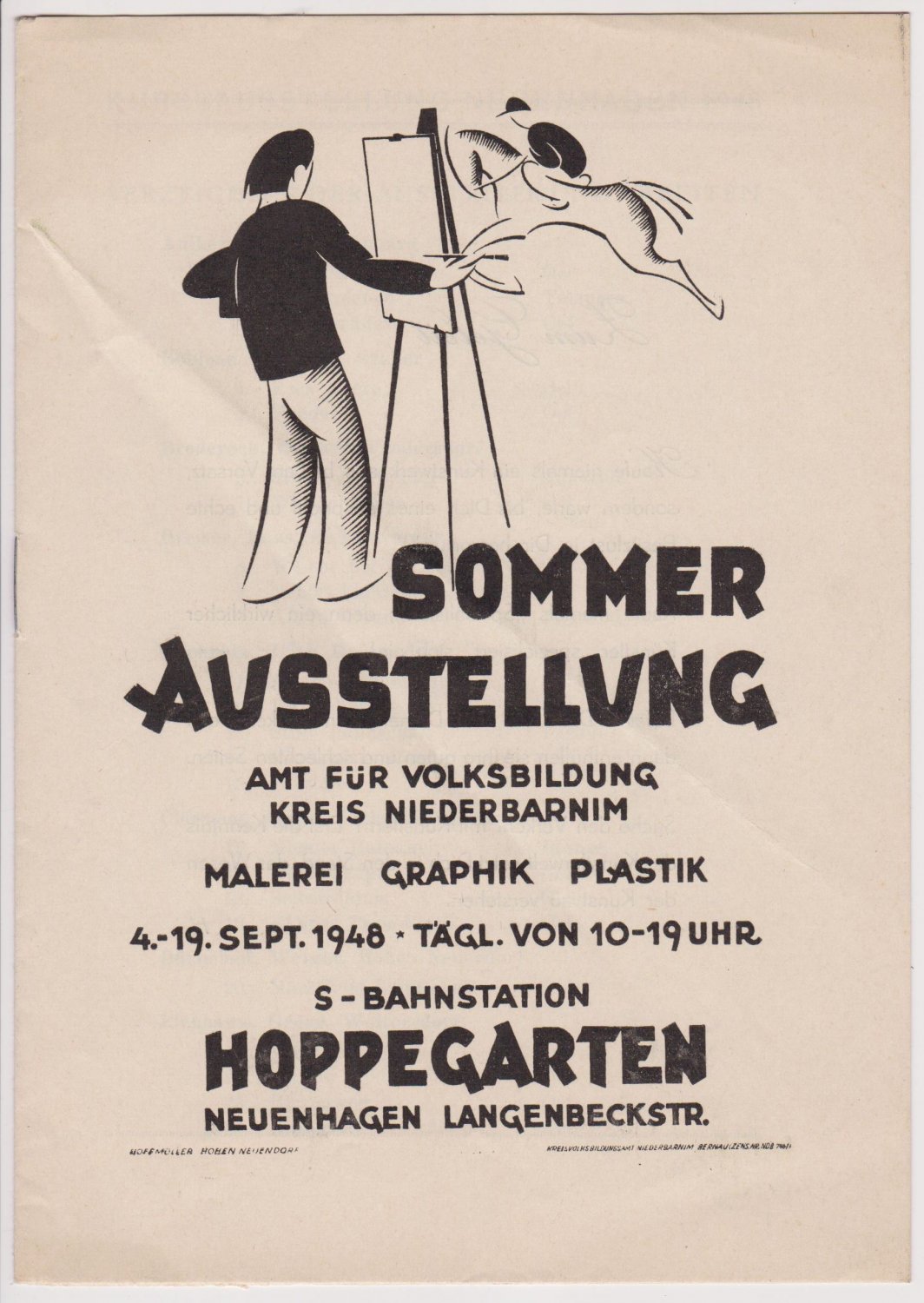 AMT FÜR VOLKSBILDUNG KREIS NIEDERBARNIM:  Sommerausstellung Malerei Graphik Plastik. 4.-19. September 1948, S-Bahnstation Hoppegarten, Neuenhagen. 