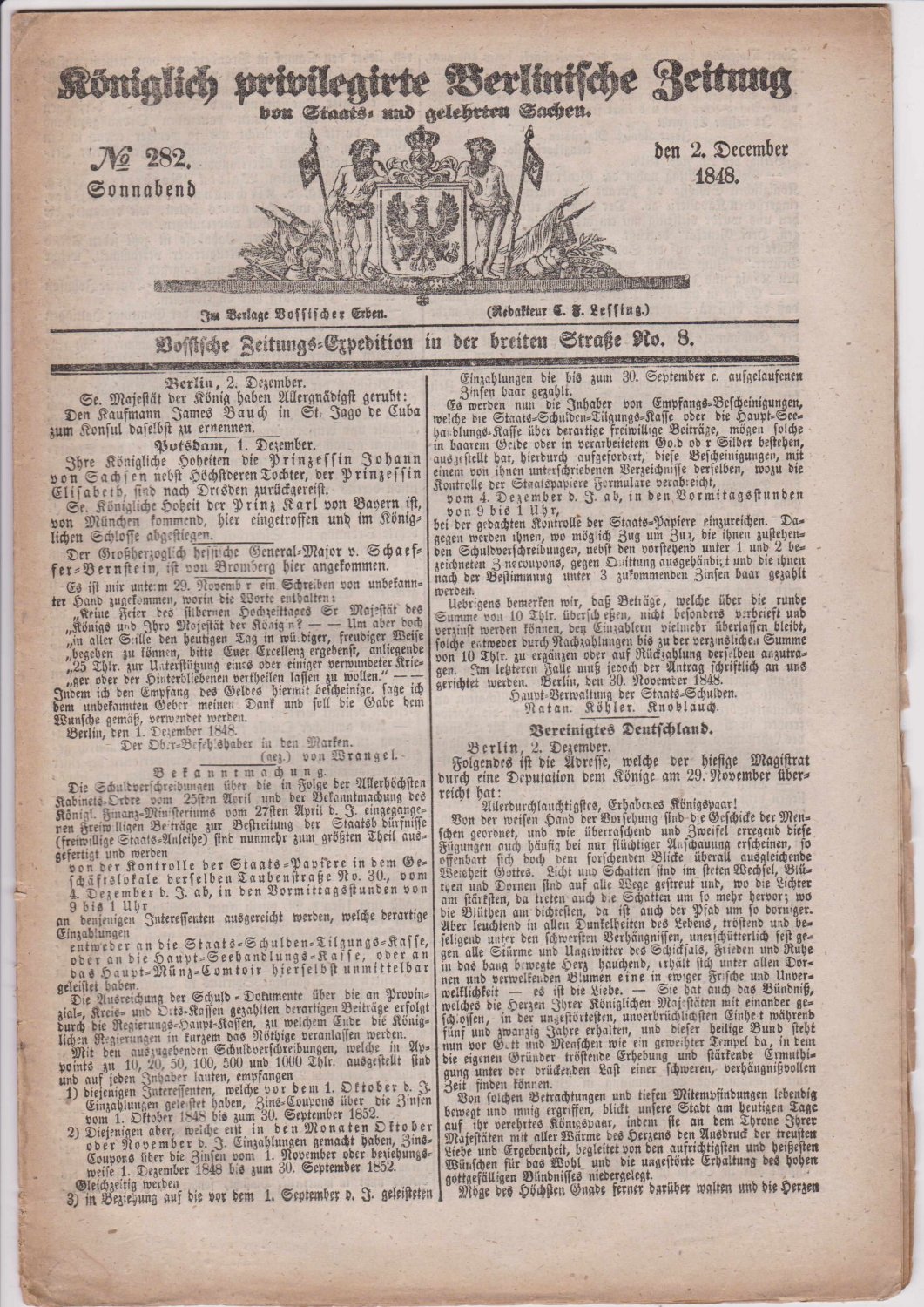 LESSING, C. F. (Redakteur):  Königlich privilegirte Berlinische Zeitung. No. 282, Sonnabend den 2. December 1848. 