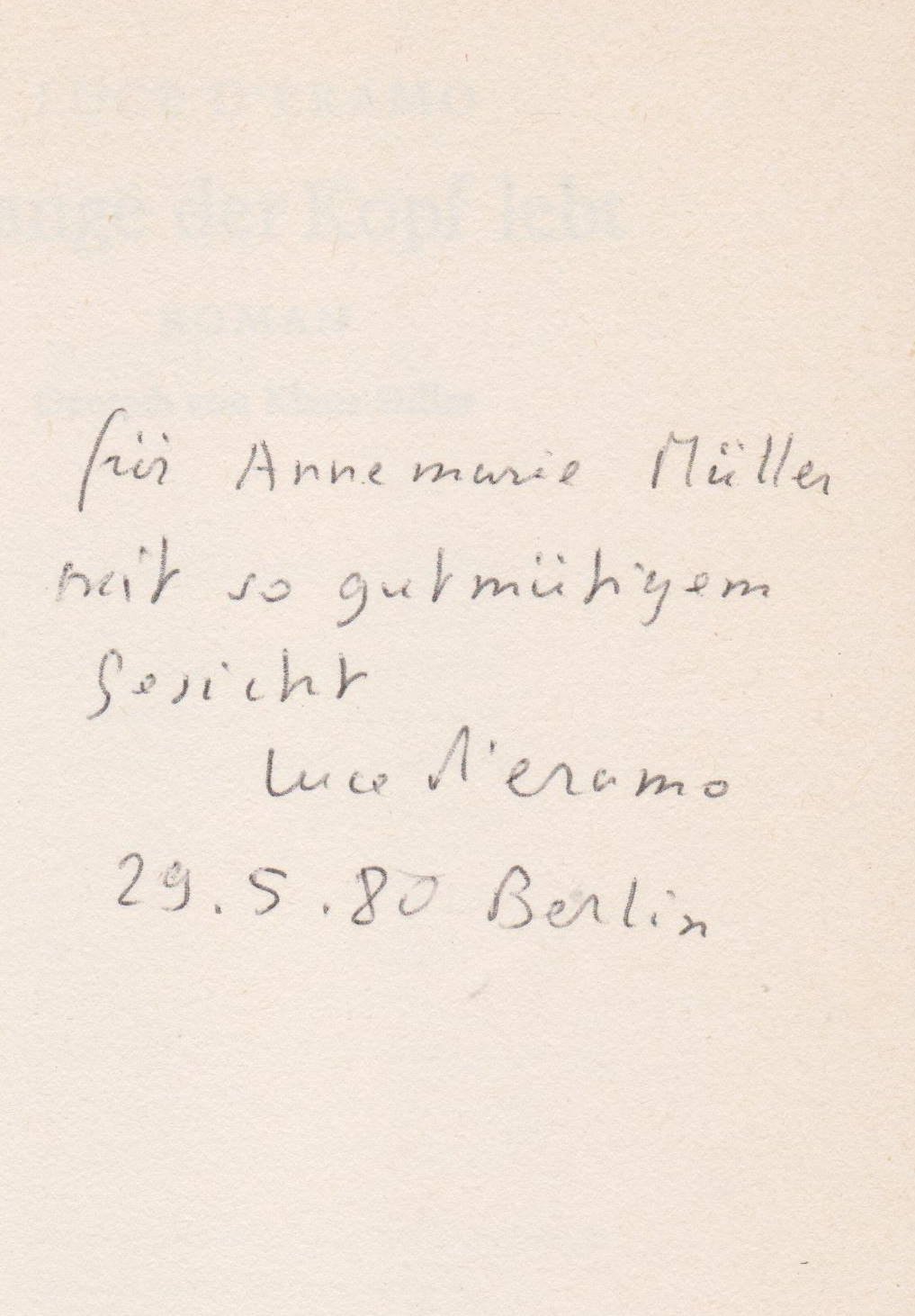 D'ERAMO, Luce:  Solange der Kopf lebt. (Mit Widmung und Signatur der Autorin!). Roman. 