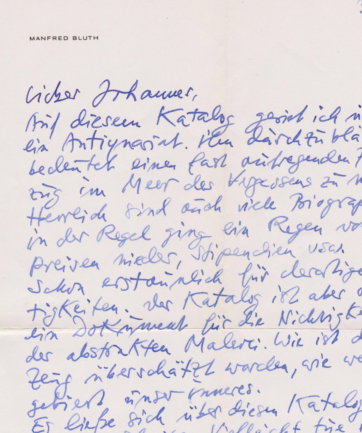 BLUTH, Manfred:  Brief (Autograph) am Johannes Grützke. Beiliegend der Katalog "Marzotto Preis 1960",  auf den sich der Brief bezieht. 