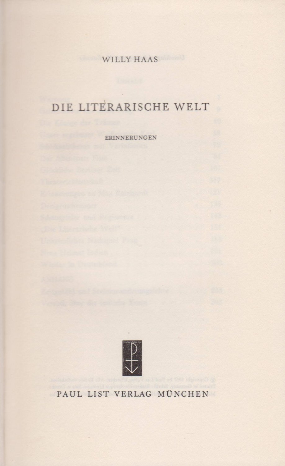 HAAS, Willy:  Die literarische Welt. Erinnerungen. 