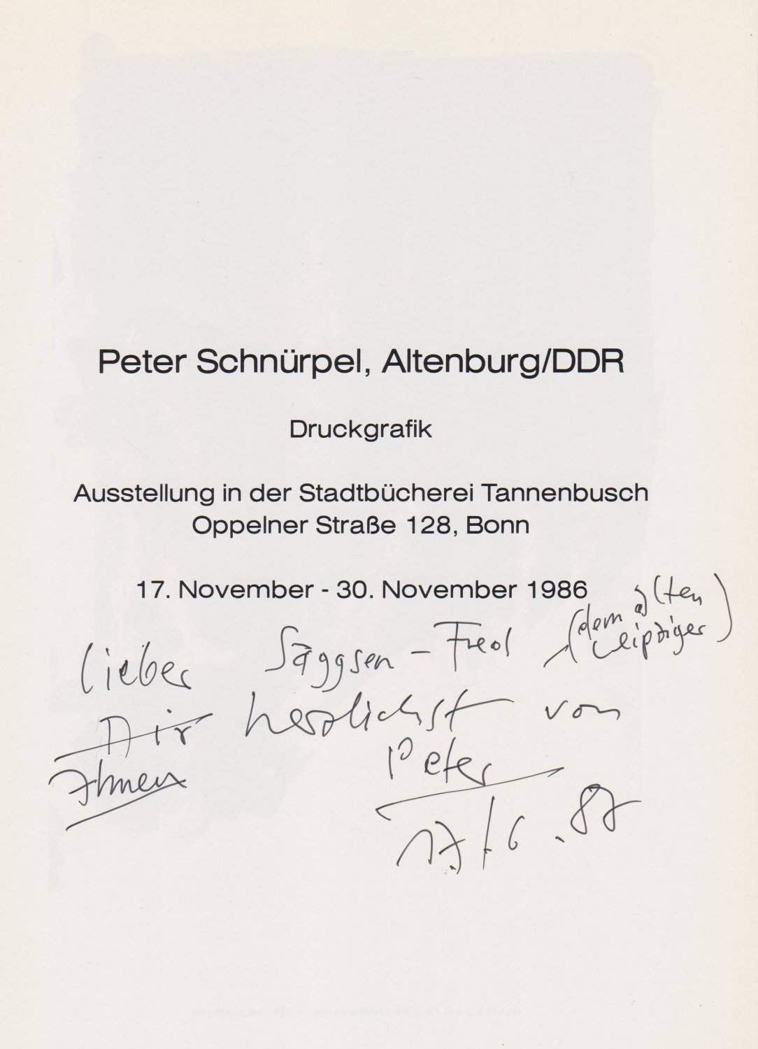 SCHNÜRPEL, Peter:  Peter Schnürpel. (Widmung!). Druckgrafik. 
