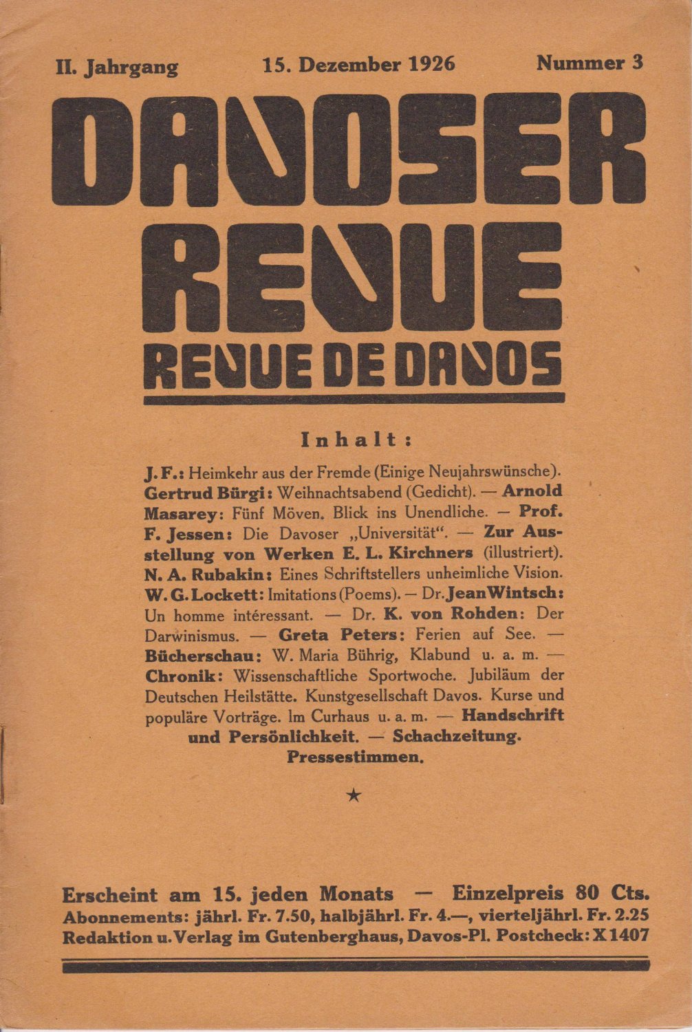   Davoser Revue. Revue De Davos. II. Jahrgang, Nummer 3, 15. Dezember 1926. Zeitschrift für Literatur, Wissenschaft, Kunst und Sport. 