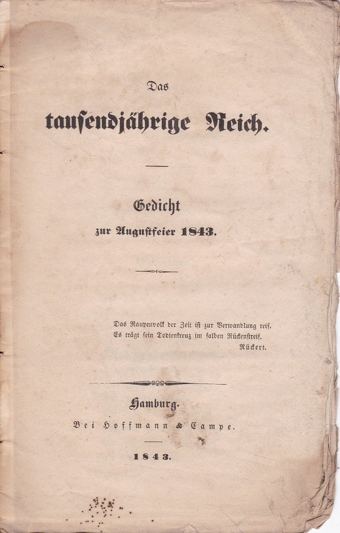 [ GLITZA, Johann Friedrich Adolf]:  Das tausendjährige Reich. Gedicht zur Augustfeier 1843. 
