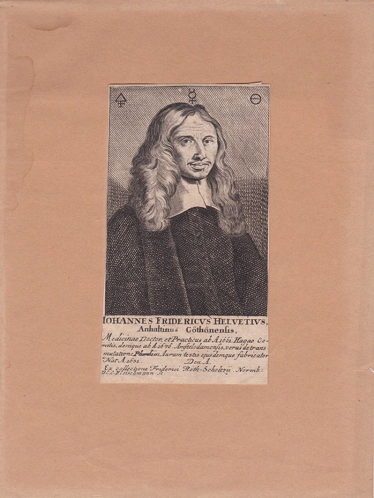   Porträt / Bildnis von Johann Friedrich Helvetius / Schweitzer (1630-1709). Ex collectione Friderici Roth-Scholtzii. Norinb: D.C.C. Fleischmann. 