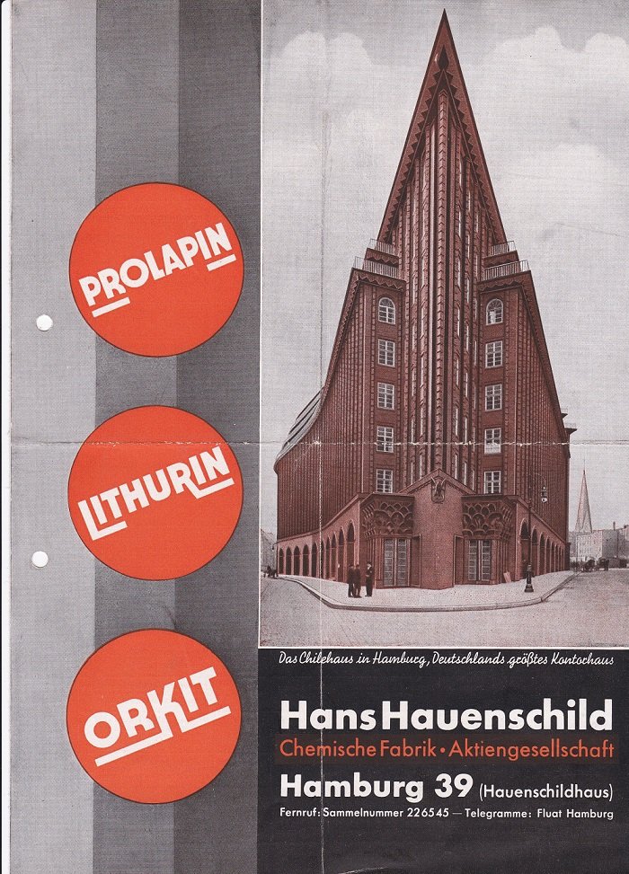 Hans Hauenschild, Chemische Fabrik (Herausgeber):  Prolapin, Lithurin, Orkit.  Historischer Produktprospekt der Firma Hans Hauenschild, Chemische Fabrik, Hamburg. 