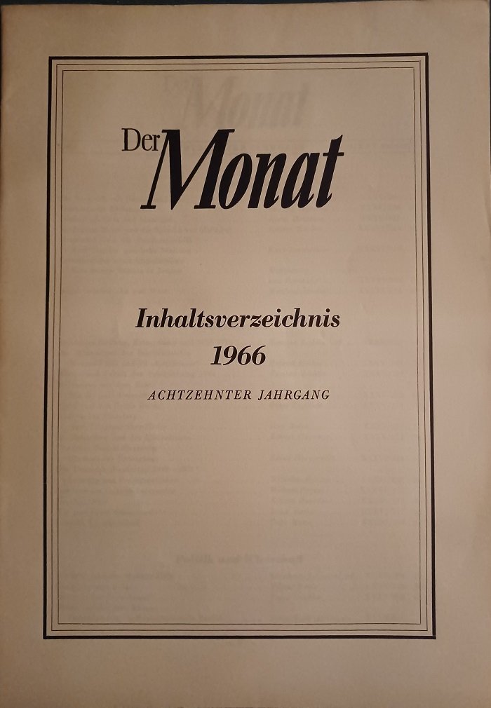 ALLEMANN, Fritz René (Herausgeber):  Der Monat. Eine internationale Zeitschrift für Politik und geistiges Leben. Inhaltsverzeichnis 1966. Achtzehnter Jahrgang (Heft 208-219). 