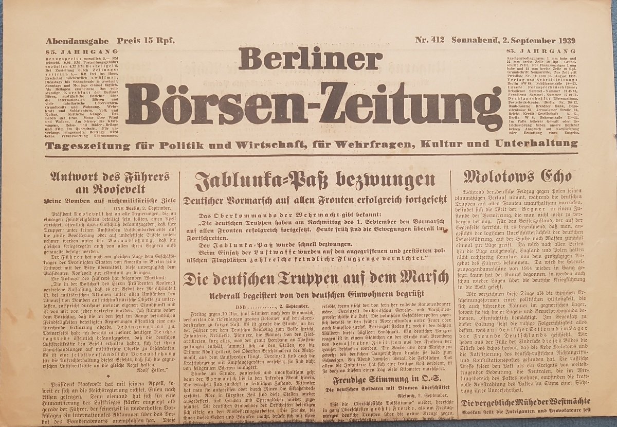 JÜGLER, Richard (Schriftleitung):  Berliner Börsen-Zeitung. Sonnabend, 2. September 1939. Abendausgabe Nr. 412. Original-Zeitung. (Ausgabe am ersten Tag nach Beginn des Zweiten Weltkriegs!). 