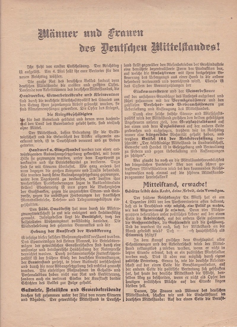 Wirtschaftspartei des deutschen Mittelstandes / Hermann Drewitz (Herausgeber):  Männer und Frauen des deutschen Mittelstandes! Original-Flugblatt zur anstehenden Reichstagswahl vom 4. Mai 1924. 
