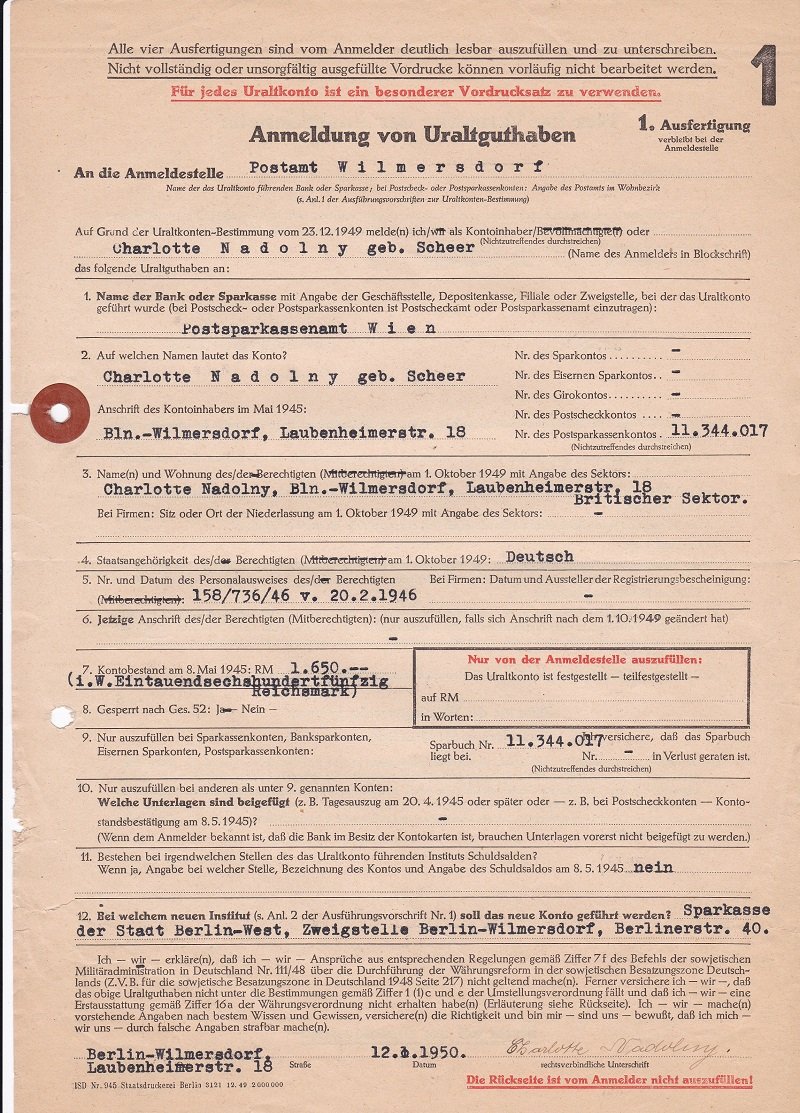 Senat von West-Berlin (Herausgeber).  Anmeldung von Uraltguthaben. (Original-Formular von Dezember 1949). 