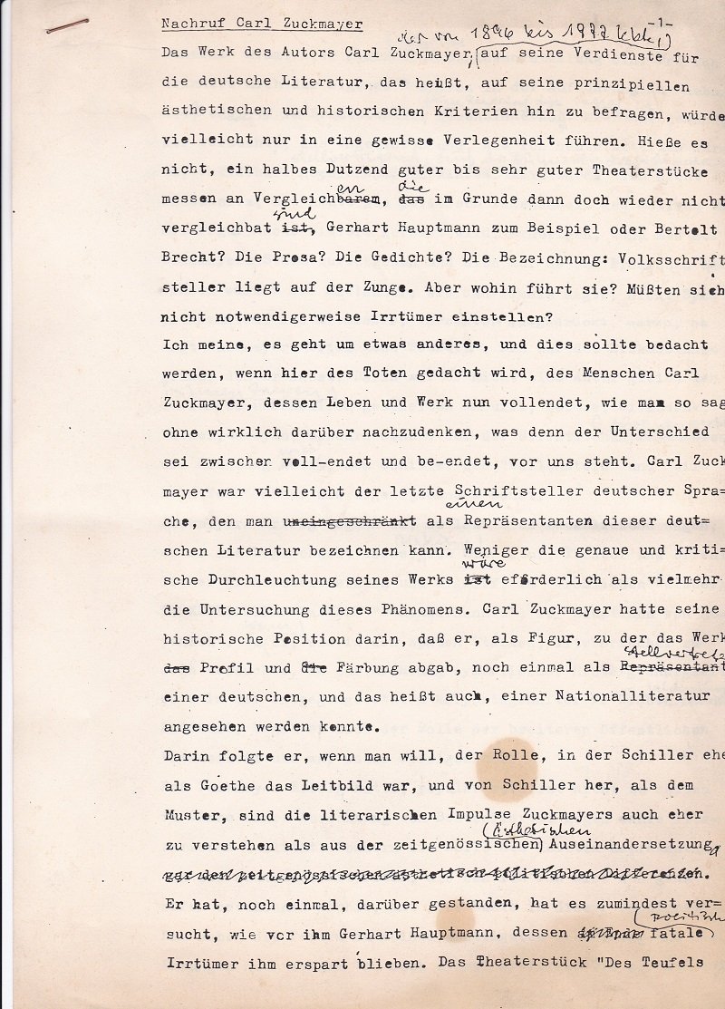 HEISSENBÜTTEL, Helmut:  Nachruf Carl Zuckmayer. (Zeitgenössische Kopie des Original-Manuskripts mit handschriftlichen Ergänzungen). 