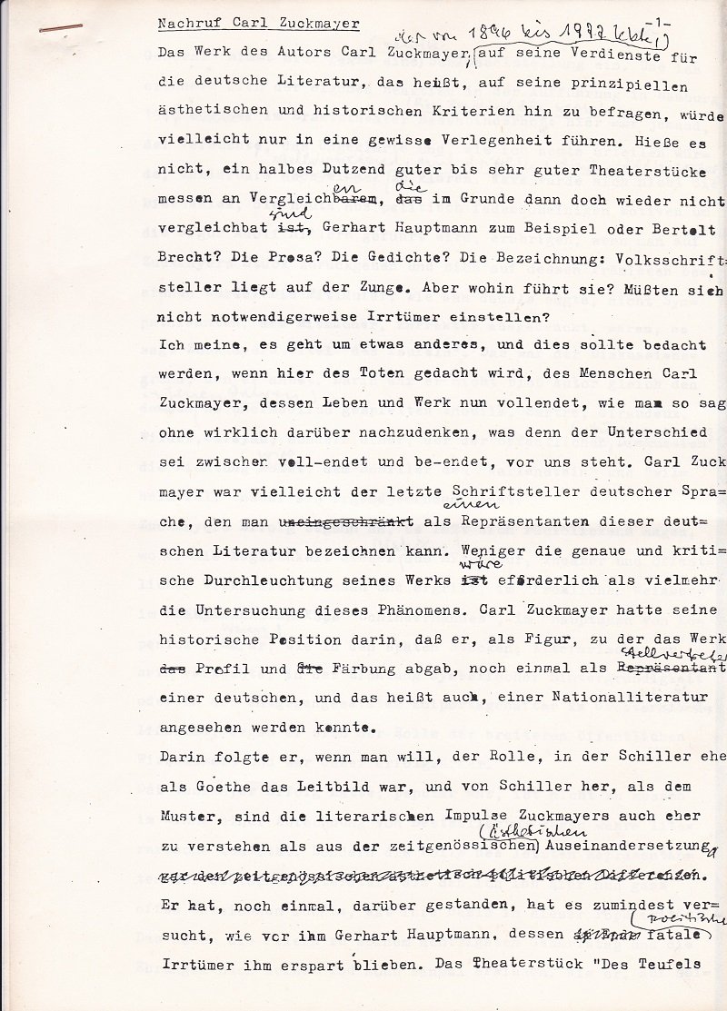 HEISSENBÜTTEL, Helmut:  Nachruf Carl Zuckmayer. (Kopie des Original-Manuskripts mit handschriftlichen Ergänzungen). 