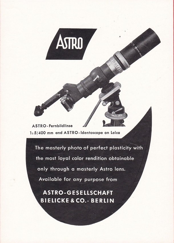 Astro-Gesellschaft Bielicke & Co. (Herausgeber):  ASTRO-Fernbildlinse 1 : 5 / 400 mm and ASTRO-Identoscope on Leica. Original-Werbemittel der Berliner Traditionsfirma aus den 1960er Jahren. 