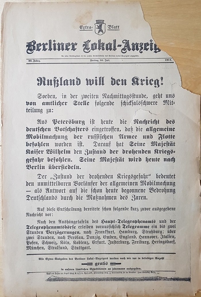 Berliner Lokal-Anzeiger (Herausgeber):  Rußland will den Krieg! (Historisches Kleinplakat im Vorfeld des Ersten Weltkriegs). 