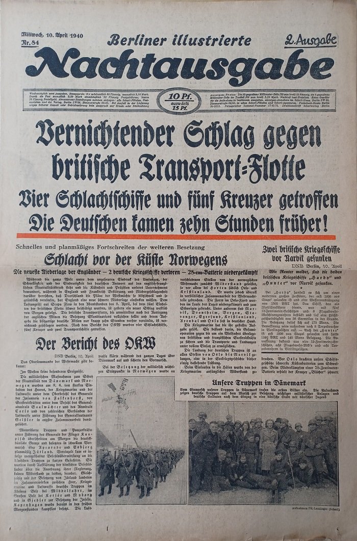 NIESELT, Walter (Hauptschriftleiter):  Berliner illustrierte Nachtausgabe. Nr. 84. Mittwoch, 10. April 1940. 2. Ausgabe. 