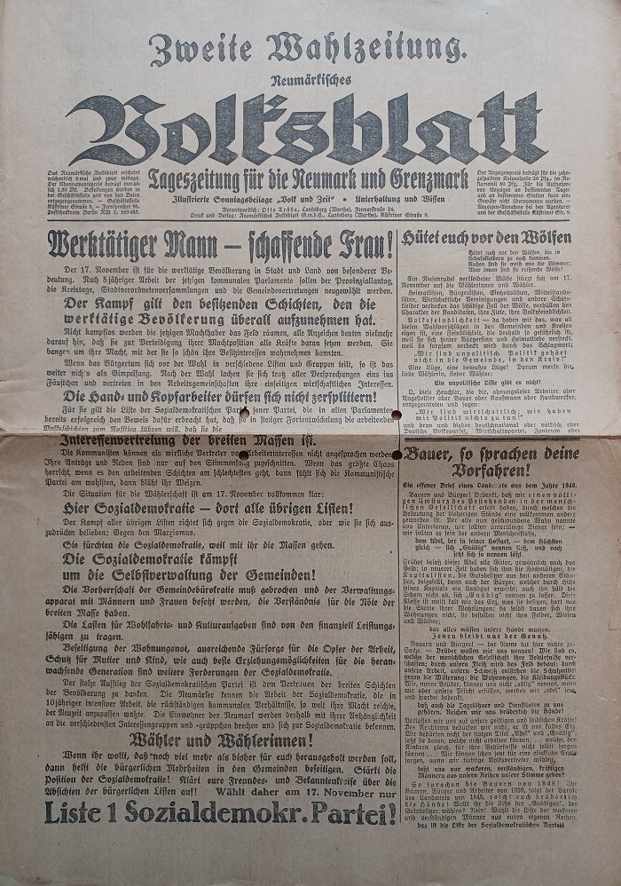TRÜBE, Otto (Schriftleiter):  Neumärkisches Volksblatt. Tageszeitung für die Neumark und Grenzmark. Zweite Wahlzeitung. Wahlzeitung der SPD für die Provinziallandtagswahlen am 17. November 1929. 