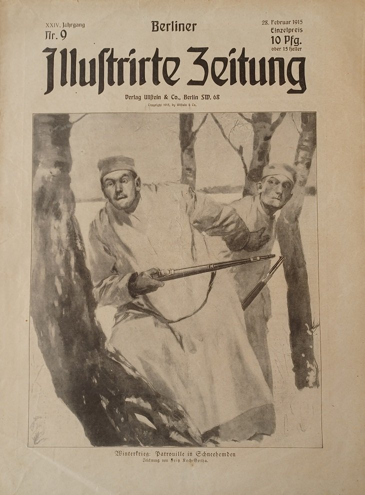 Verlag Ullstein & Co. (Herausgeber):  Berliner Illustrirte Zeitung. Nummer 9, 28. Februar 1915. Winterkrieg: Patrouille in Schneehemden. Zeichnung von Fritz Koch-Gotha. 