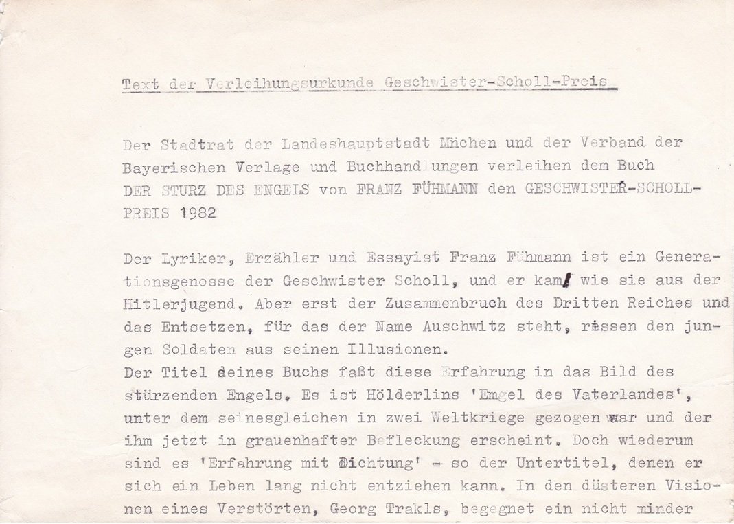 SAUR, Klaus G. / Kiesl, Erich:  Text der Verleihungsurkunde Geschwister-Scholl-Preis. Redemanuskript, München 27.10.1982. (Original-Manuskript mit handschriftlichen Korrekturen). 