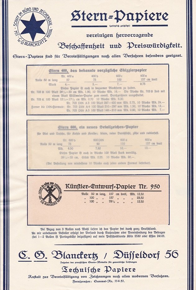 C. G. Blanckertz, Düsseldorf (Herausgeber):  Stern-Papiere vereinigen hervorragende Beschaffenheit und Preiswürdigkeit. Original-Prospekt mit drei Papier-Proben / Zeitgenössisches Werbematerial der Firma C. G. Blanckertz, Düsseldorf 56. 