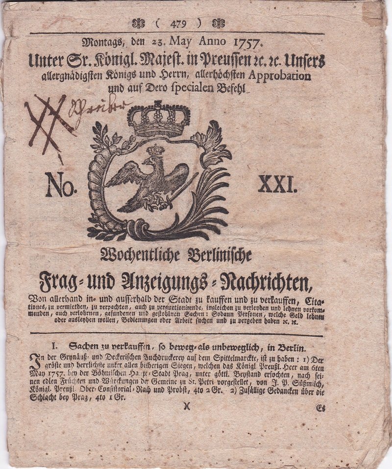   Wöchentliche Berlinische Frag- und Anzeigungs-Nachrichten No. XXI. Montags, den 23. May Anno 1757. 