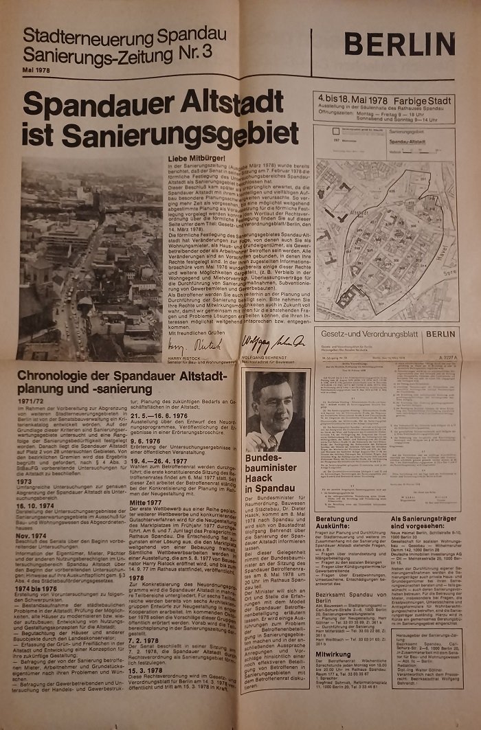 Bezirksamt Spandau, Westberlin (Herausgeber):  Stadterneuerung Spandau. Sanierungs-Zeitung Nr. 3, Mai 1978. Spandauer Altstadt ist Sanierungsgebiet. 