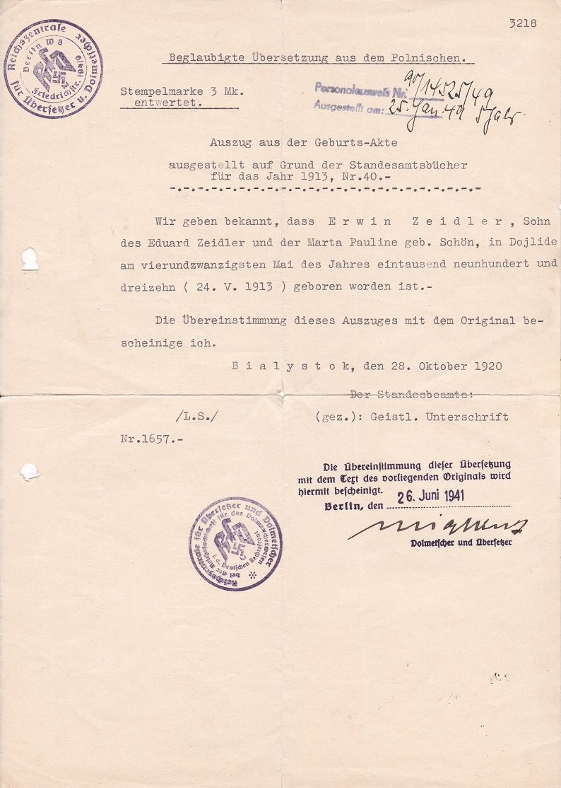 Reichszentrale für Übersetzer u. Dolmetscher (Herausgeber):  Beglaubigte Übersetzung aus dem Polnischen. (Zeithistorisches Original-Dokument aus dem Sommer 1941). 